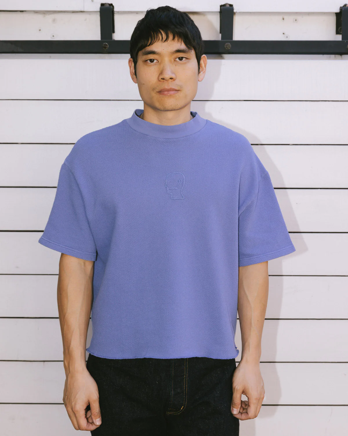 Boxy Thermal Mock Neck T-Shirt - Blue - Image 2
