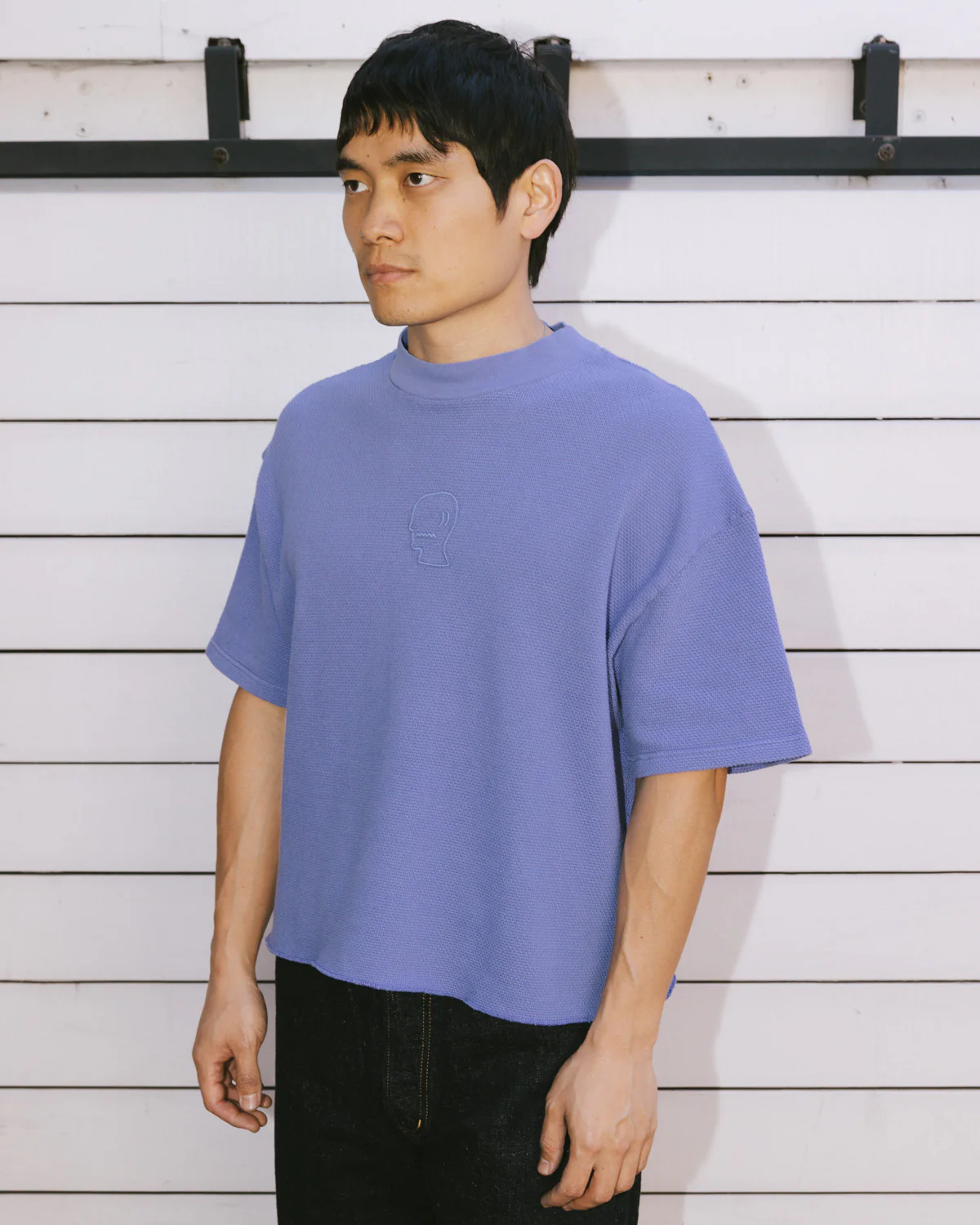 Boxy Thermal Mock Neck T-Shirt - Blue - Image 6