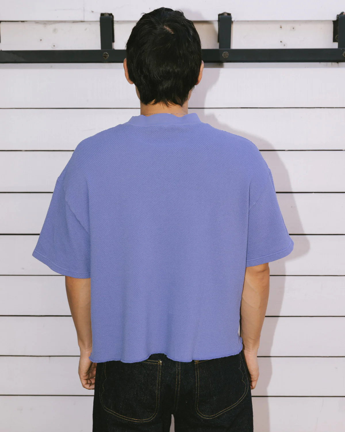 Boxy Thermal Mock Neck T-Shirt - Blue - Image 7
