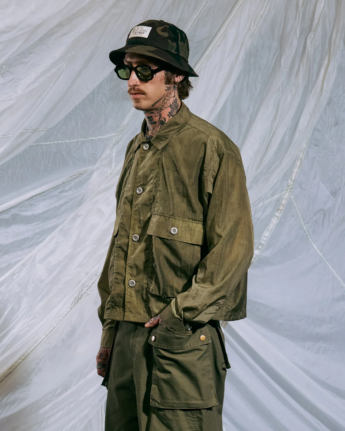 Cropped Nylon Button Up Shirt - Army - Image 2