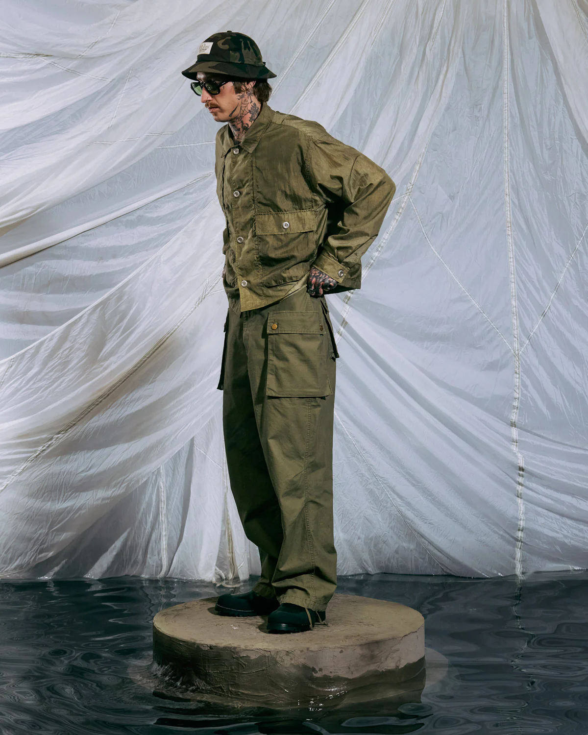 Cropped Nylon Button Up Shirt - Army - Image 6