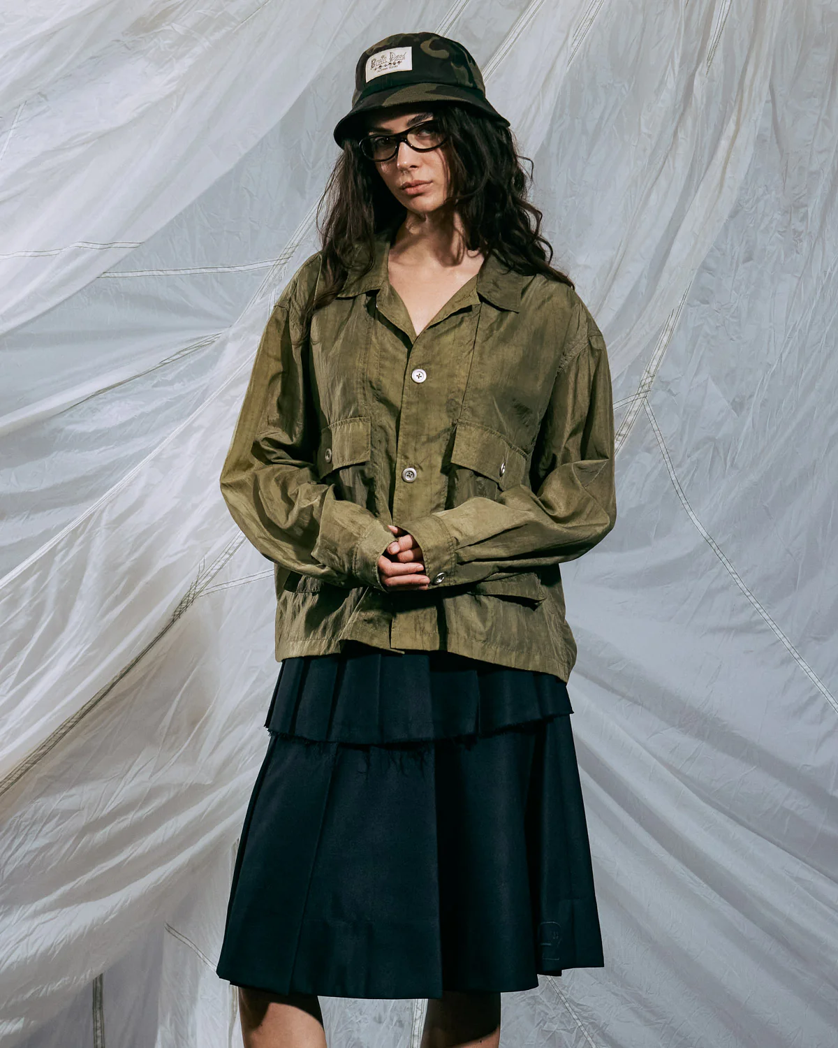 Cropped Nylon Button Up Shirt - Army - Image 7