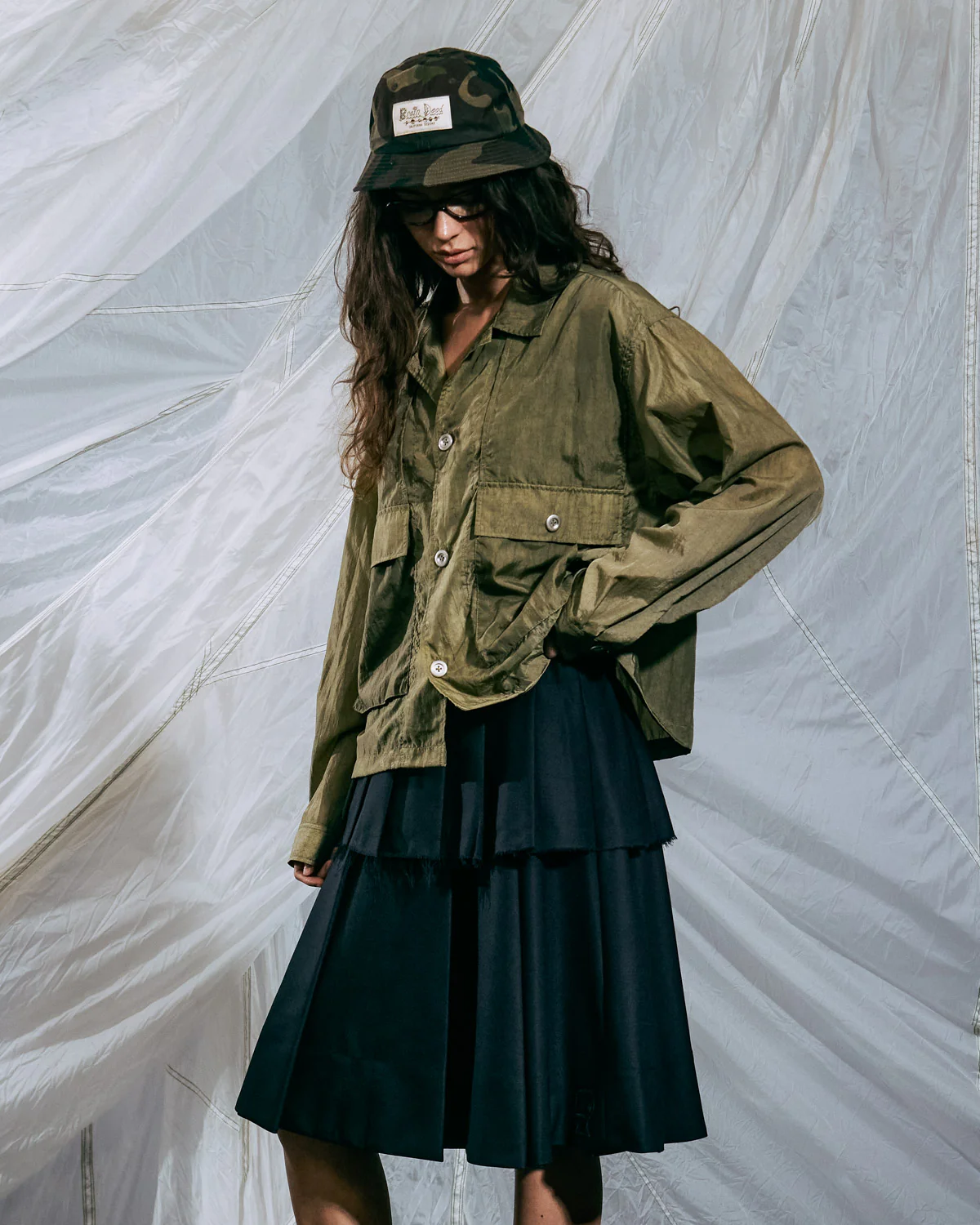 Cropped Nylon Button Up Shirt - Army - Image 8