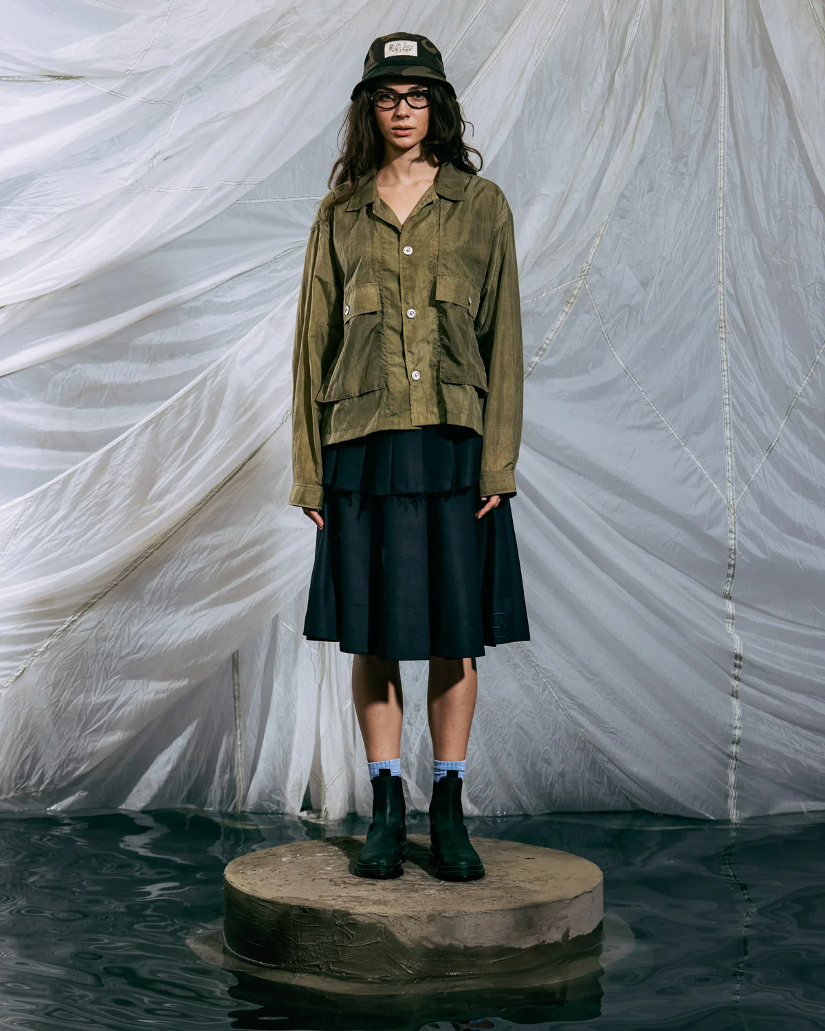 Cropped Nylon Button Up Shirt - Army - Image 9