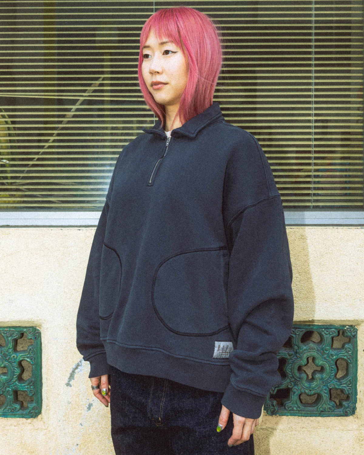 Half Zip Collared Sweatshirt - Washed Black - Image 8