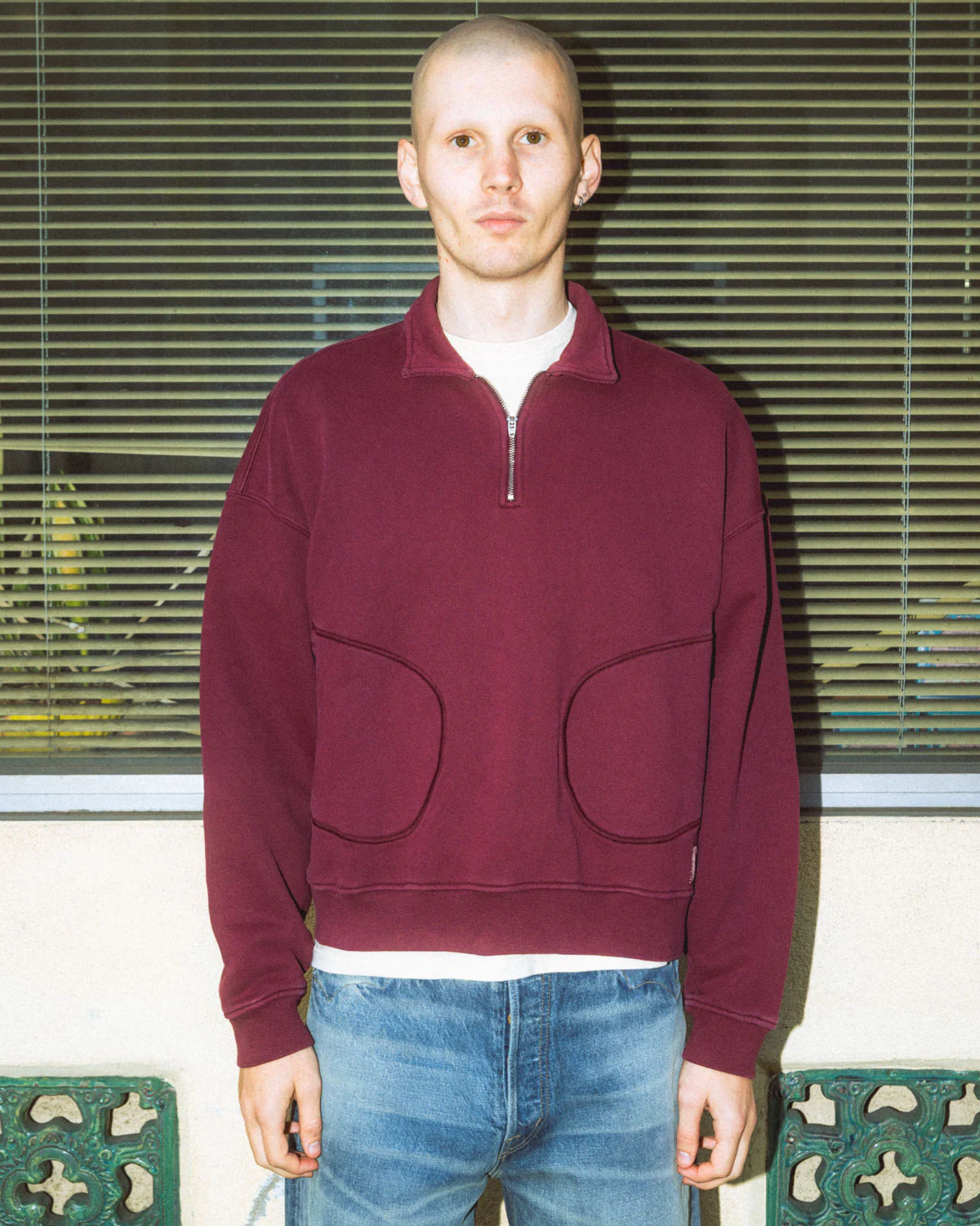 Half Zip Collared Sweatshirt - Wine - Image 2