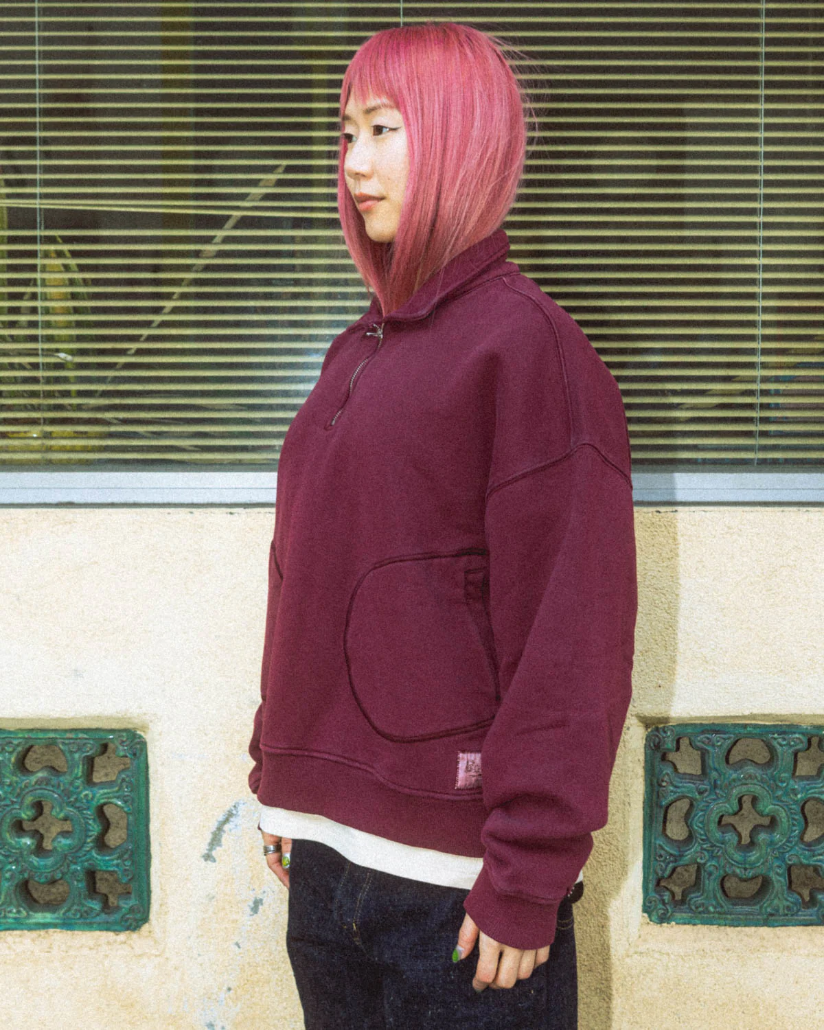 Half Zip Collared Sweatshirt - Wine - Image 7