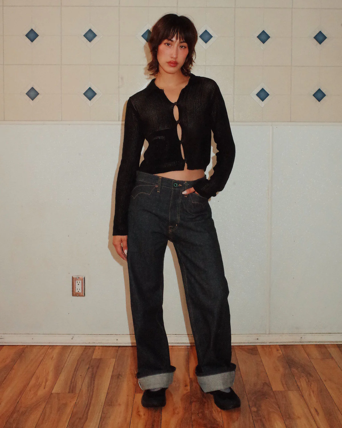 Mesh Knit Spiral Cardigan - Black - Image 2