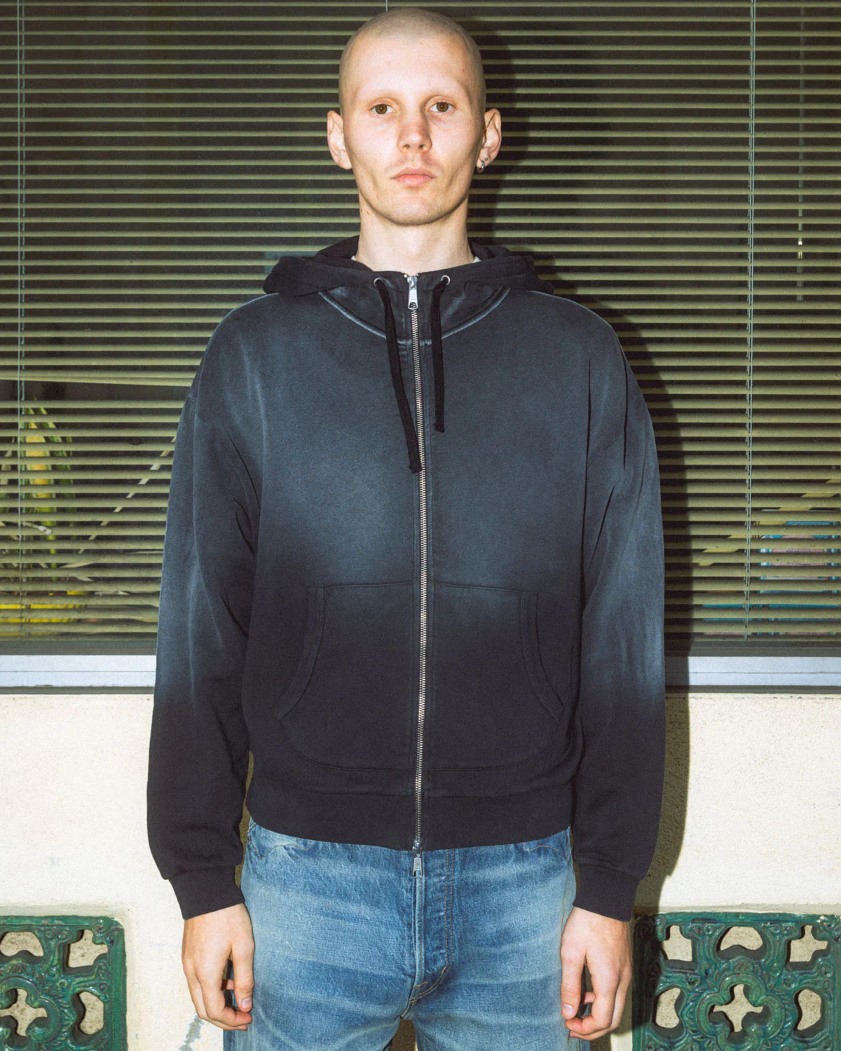 Padded Elbow Zip-Up Hoodie - Washed Black - Image 2