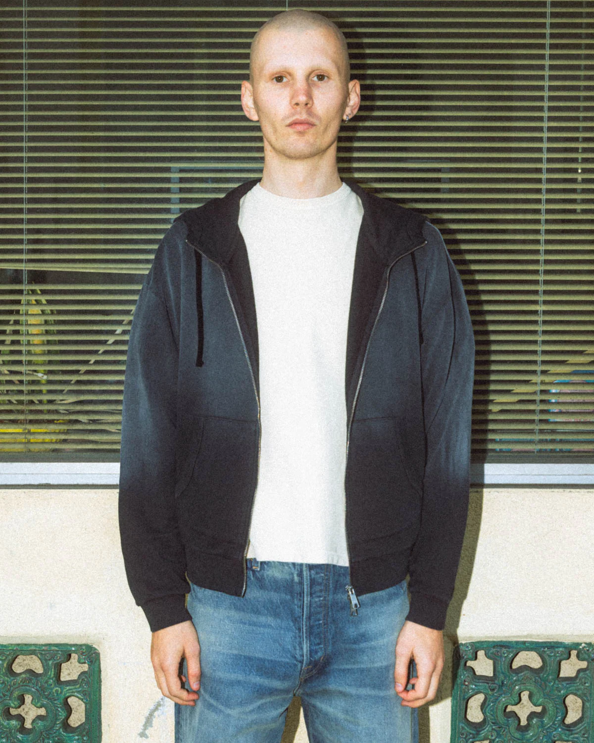 Padded Elbow Zip-Up Hoodie - Washed Black - Image 6