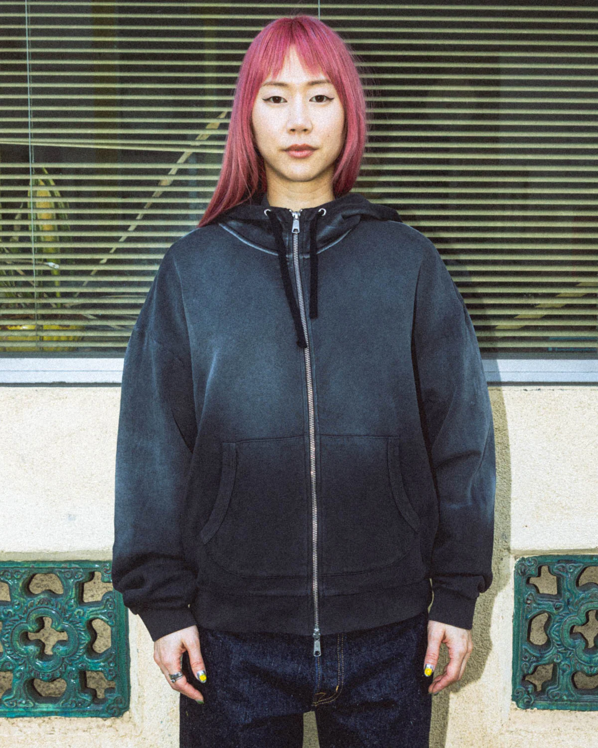 Padded Elbow Zip-Up Hoodie - Washed Black - Image 7