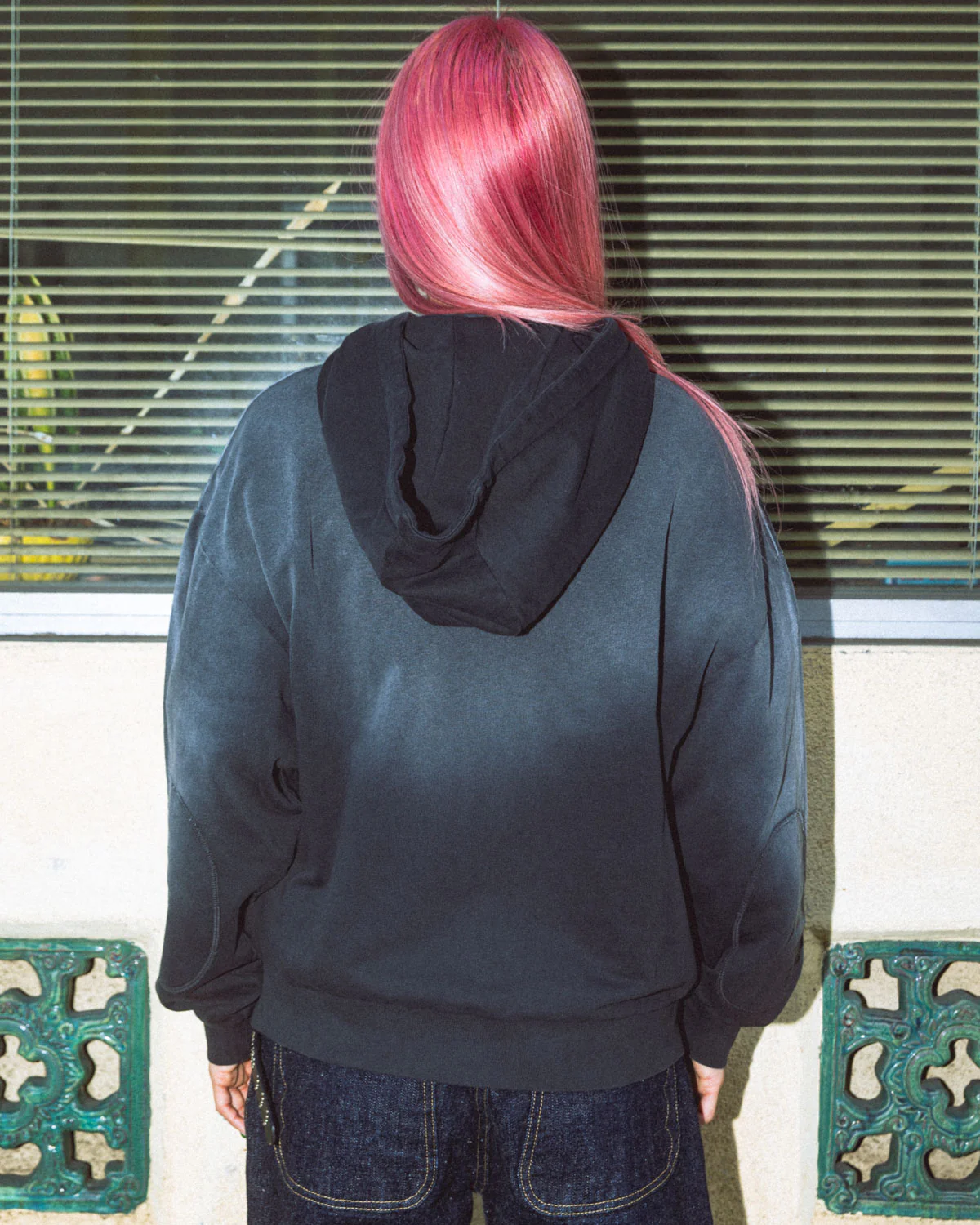 Padded Elbow Zip-Up Hoodie - Washed Black - Image 8