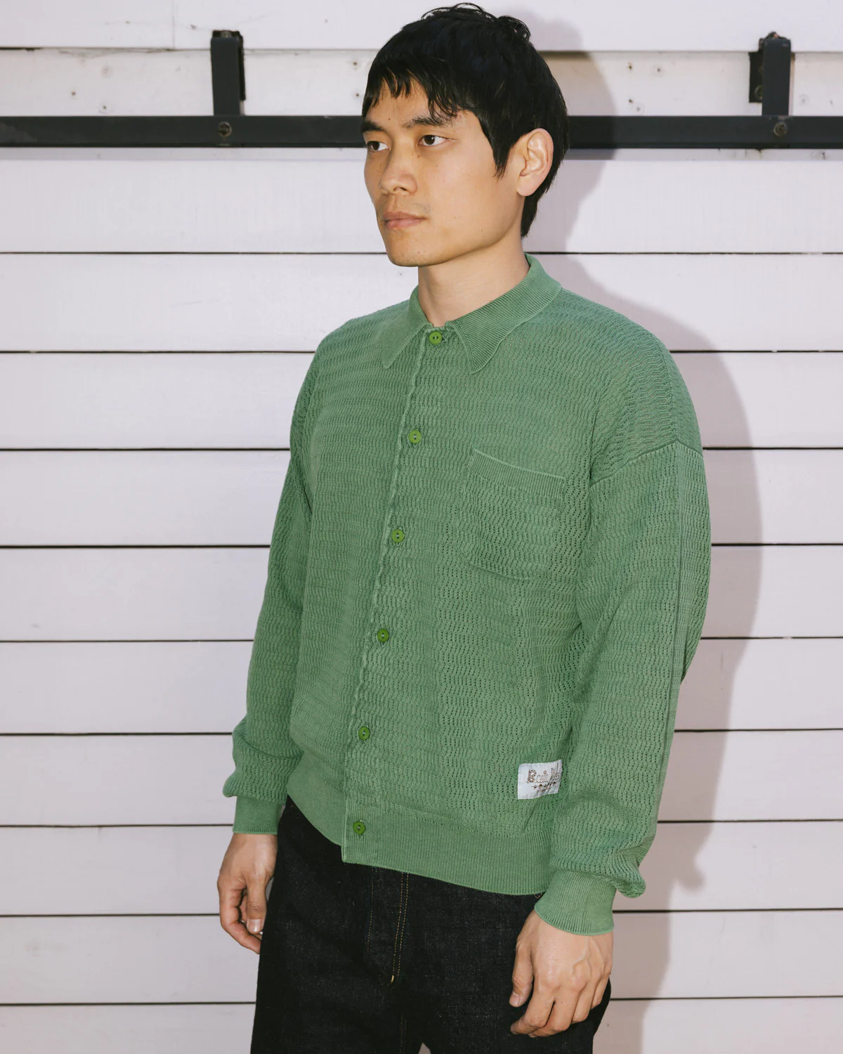 Pigment Dye Long Sleeve Polo Sweater - Green - Image 6