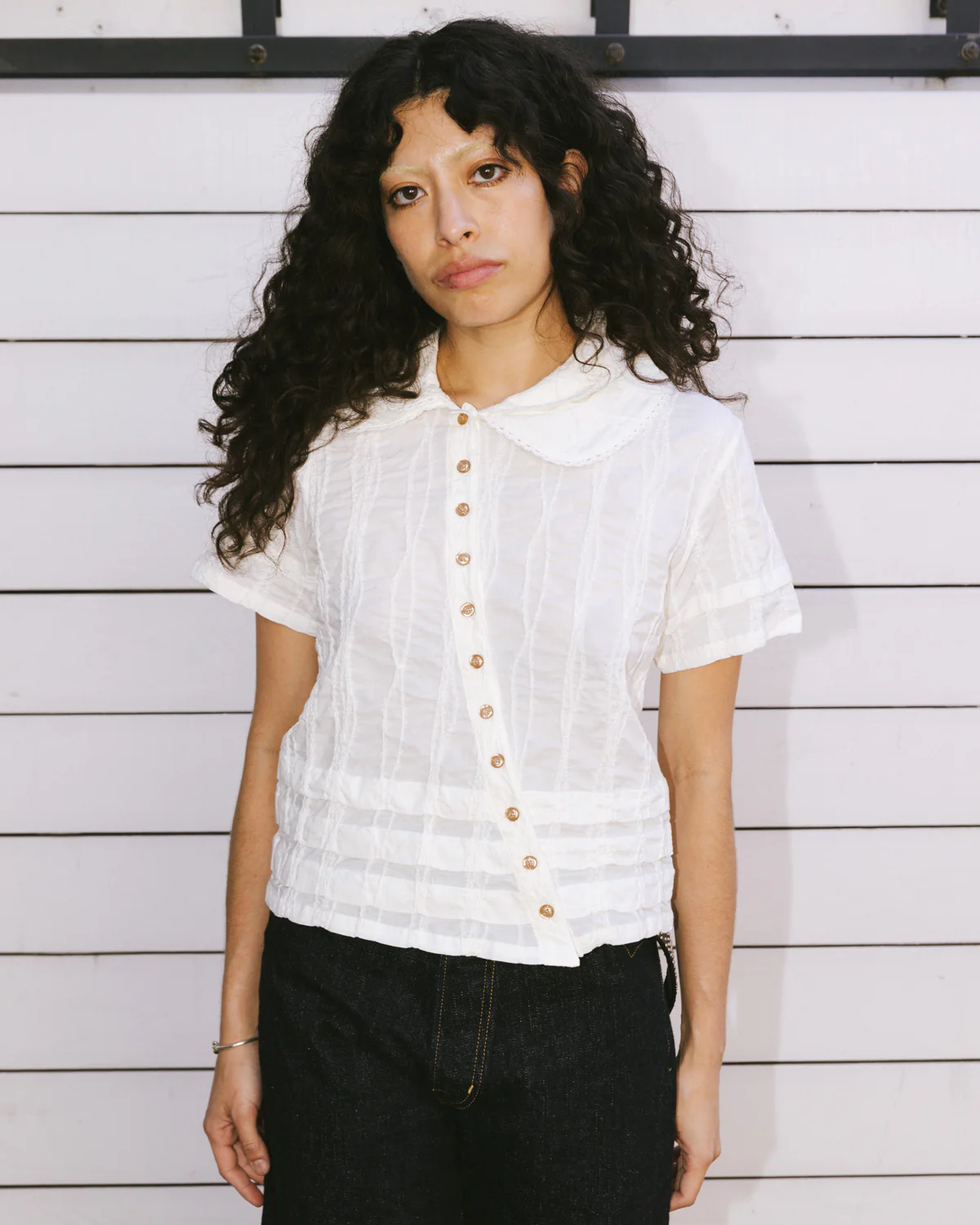 Twisted Seersucker Button Up Shirt - Cream - Image 2